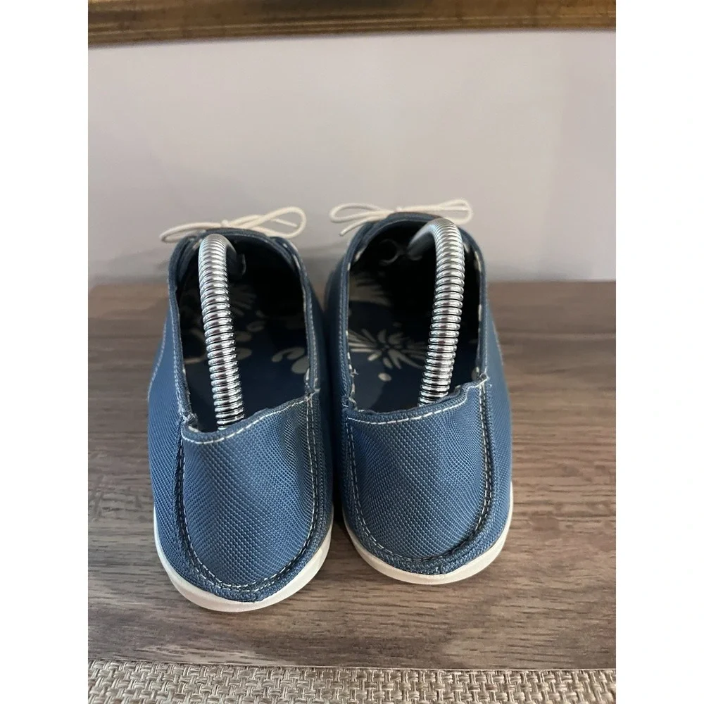 OluKai Women's 9 Heleuma Boat Shoes White Laces Blue Canvas W1